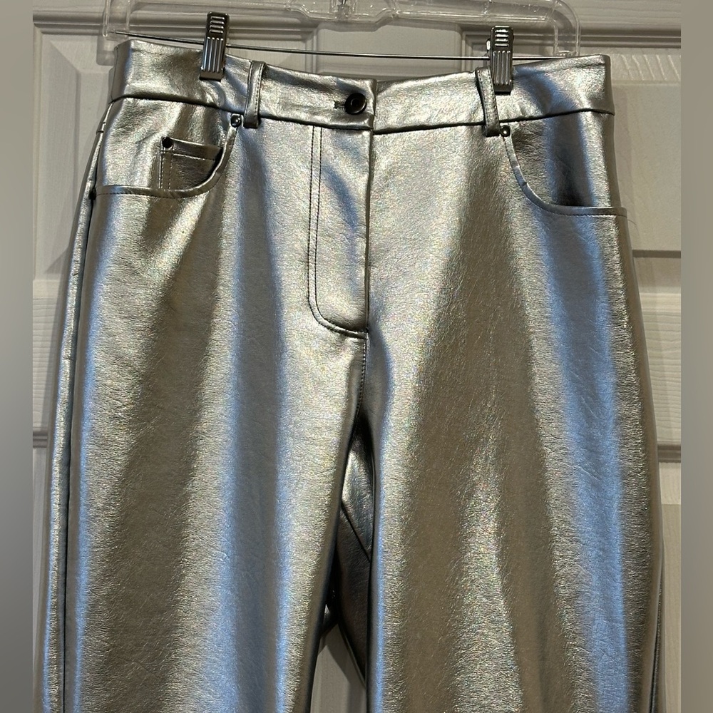 7 For All Mankind Silver Metallic Faux Leather Straight Leg Pants Size Medium - Picture 3 of 9